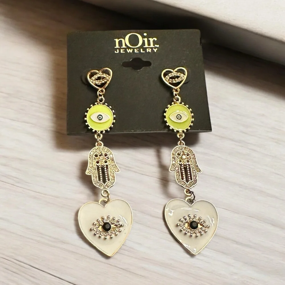 Noir Jewelry Hamsa Evil Eye Heart Drop Earrings